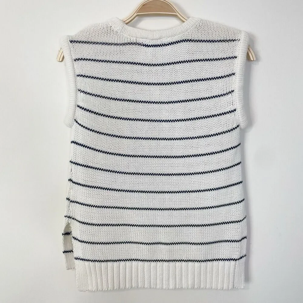 Madewell Puff-Trim Sweater Vest in Stripe Bright Ivory‎ Navy Size XXS NQ977